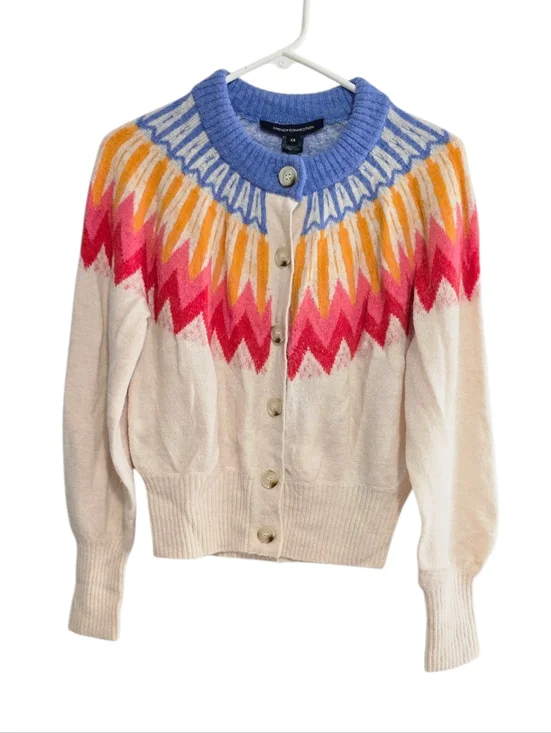 French Connection Neya Fair Isle Cardigan Ivory Wool Blend Size XS - Picture 2 of 7